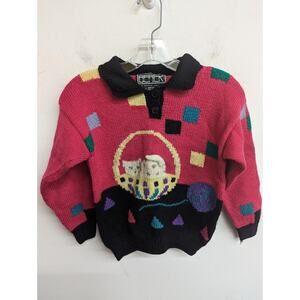 Vintage Berek Kids Sweater Hand Knit 100% Wool Collared Holiday Sweater Size 10